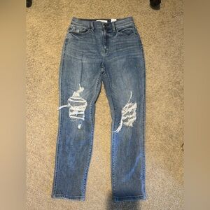 Classic Blue Distressed Women's High Rise Boyfriend Jeans